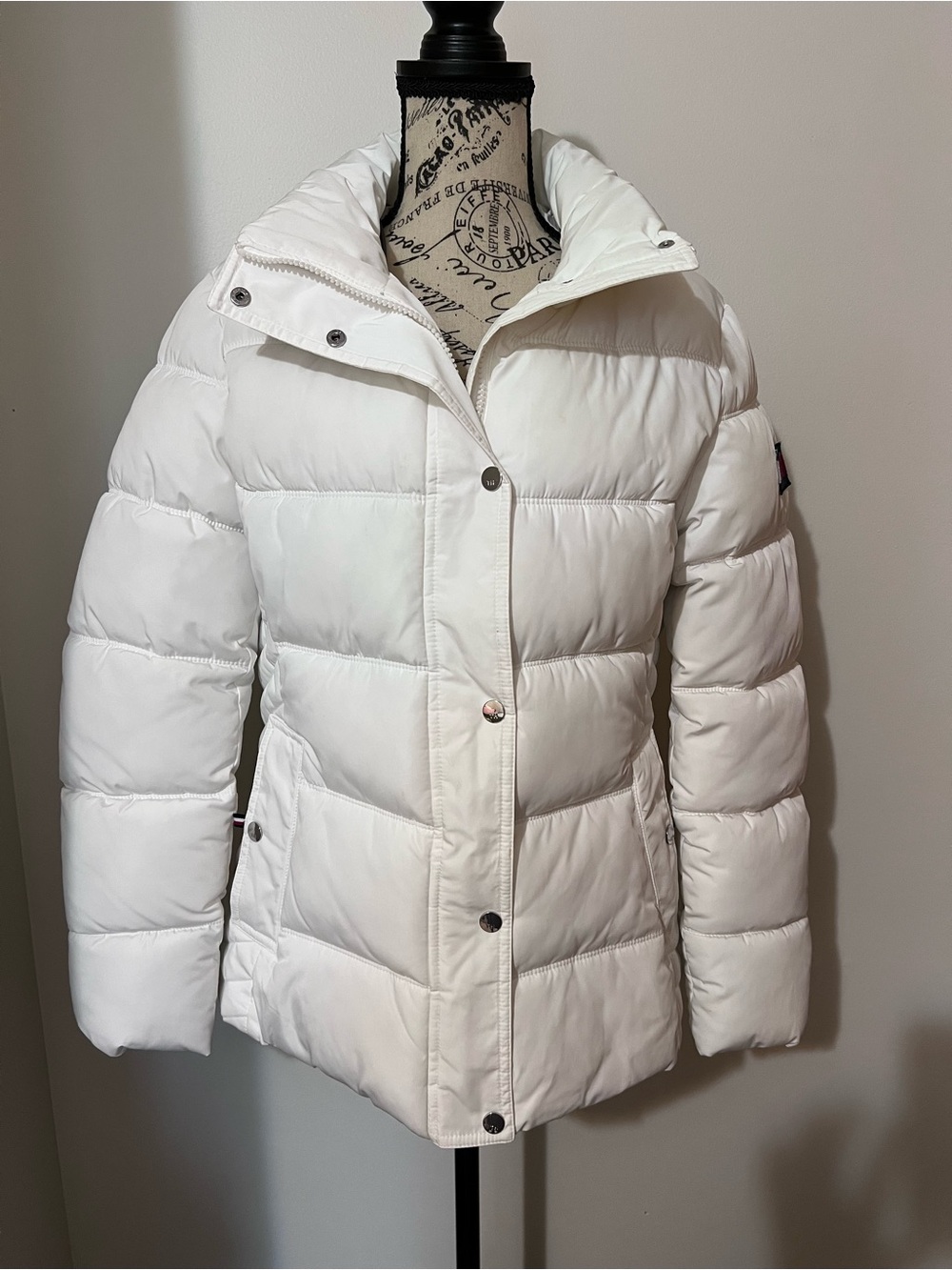 Tommy Hilfiger White Puffer Jacket Medium Quilted Hooded Winter Coat M